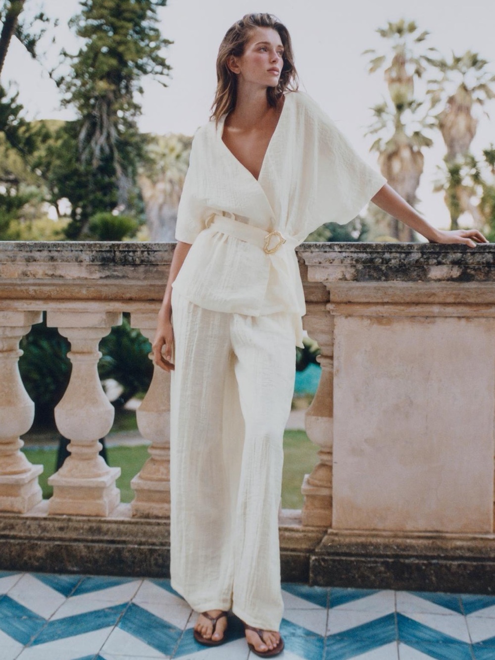 Zara Ecru Belted Top & Pleated Wide Leg Pants Matching COORD Set SMALL
